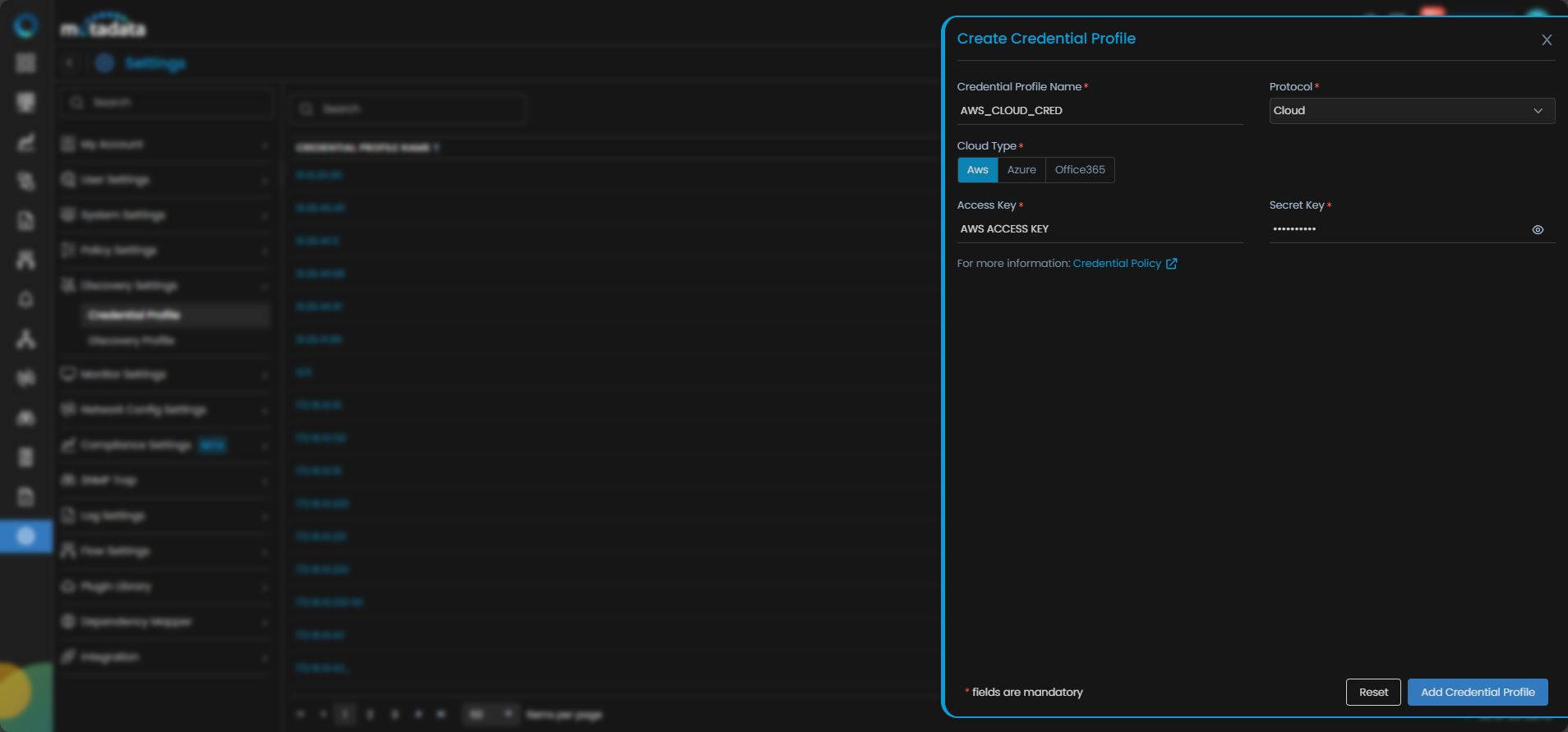 Create Credential Profile form with Cloud protocol and AWS tab selected